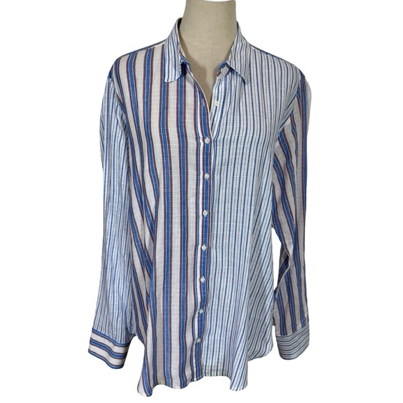 Xirena Beau Boyfriend Button Down Shirt in Tide Blue Stripes Pattern Mixing - Picture 6 of 13